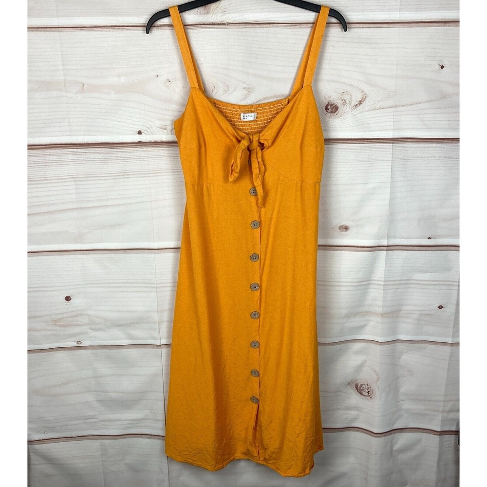 Papaya Dress Womens 10 Yellow Button Up Sleeveless Midi Tie Neck Solid Woven